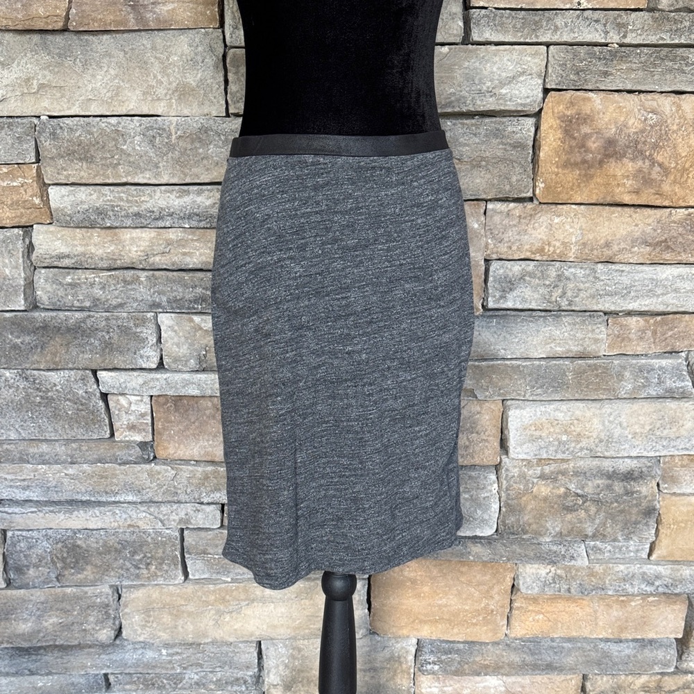 EXPRESS Midi Length Heather Grey Pencil Skirt with faux leather detail